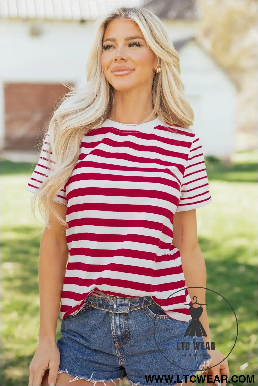 Red stripe patchwork round neck t shirt - tops & tees