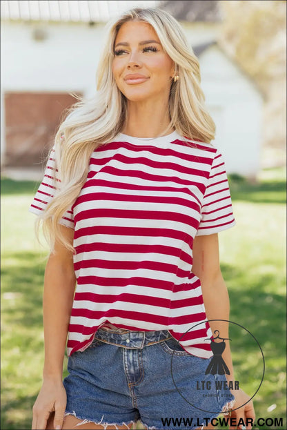 Red stripe patchwork round neck t shirt - tops & tees
