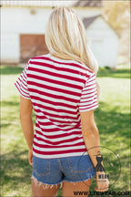 Red stripe patchwork round neck t shirt - tops & tees