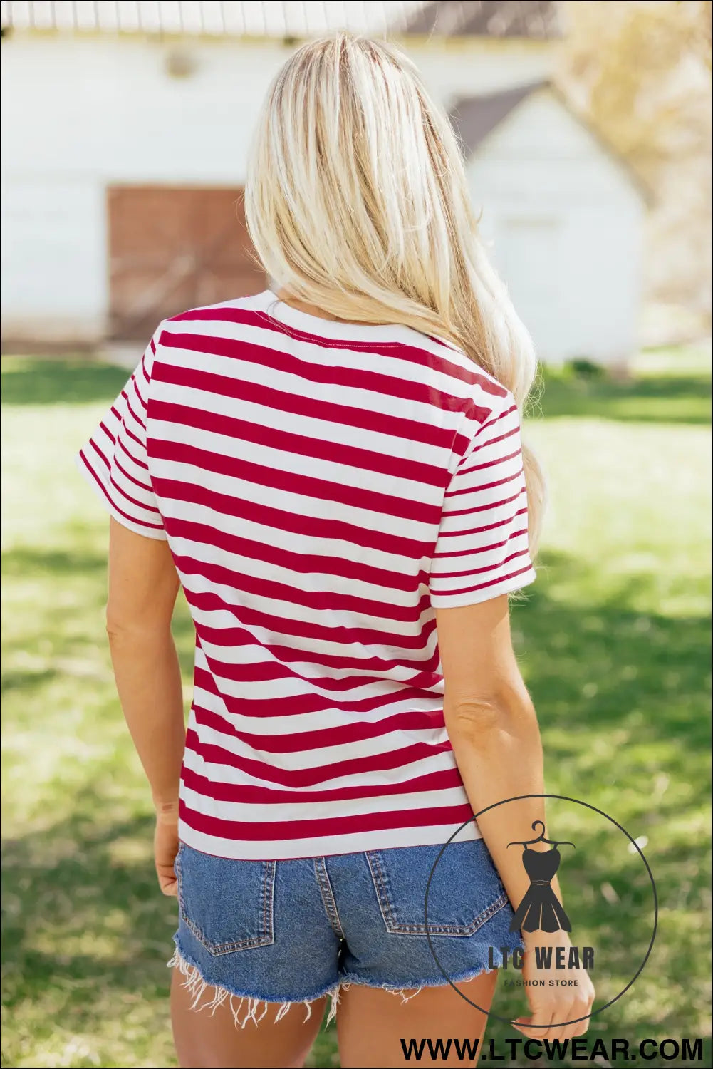 Red stripe patchwork round neck t shirt - tops & tees
