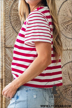 Red stripe patchwork round neck t shirt - tops & tees