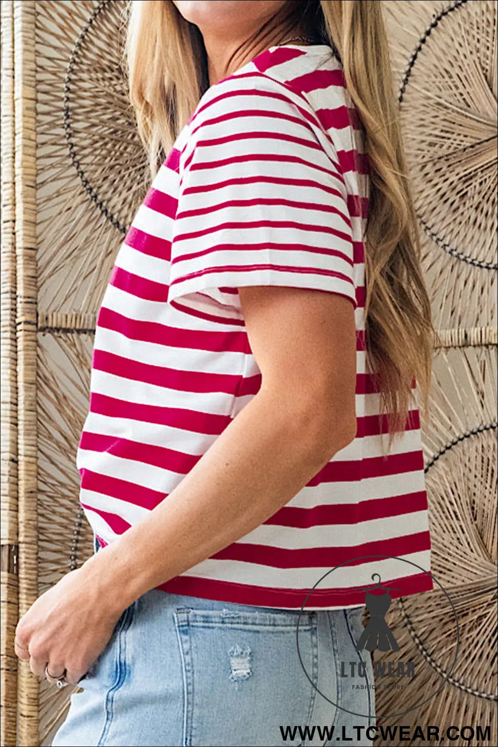 Red stripe patchwork round neck t shirt - tops & tees