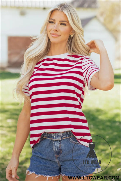 Red stripe patchwork round neck t shirt - tops & tees