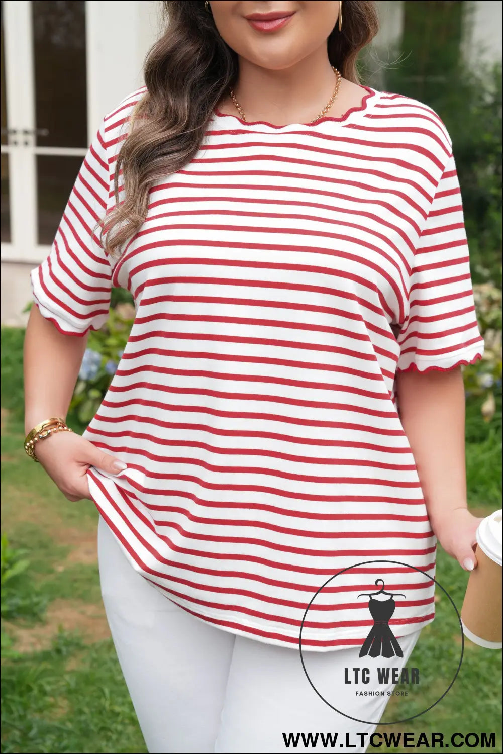 Red Stripe Plus Size Scalloped Trim Round Neck Short Sleeve Top - L.T.C Wear Online Fashion Store