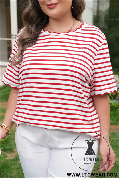 Red Stripe Plus Size Scalloped Trim Round Neck Short Sleeve Top