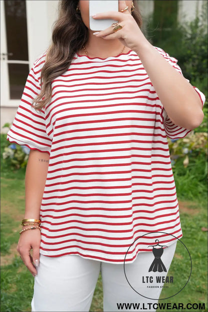 Red Stripe Plus Size Scalloped Trim Round Neck Short Sleeve Top - L.T.C Wear Online Fashion Store