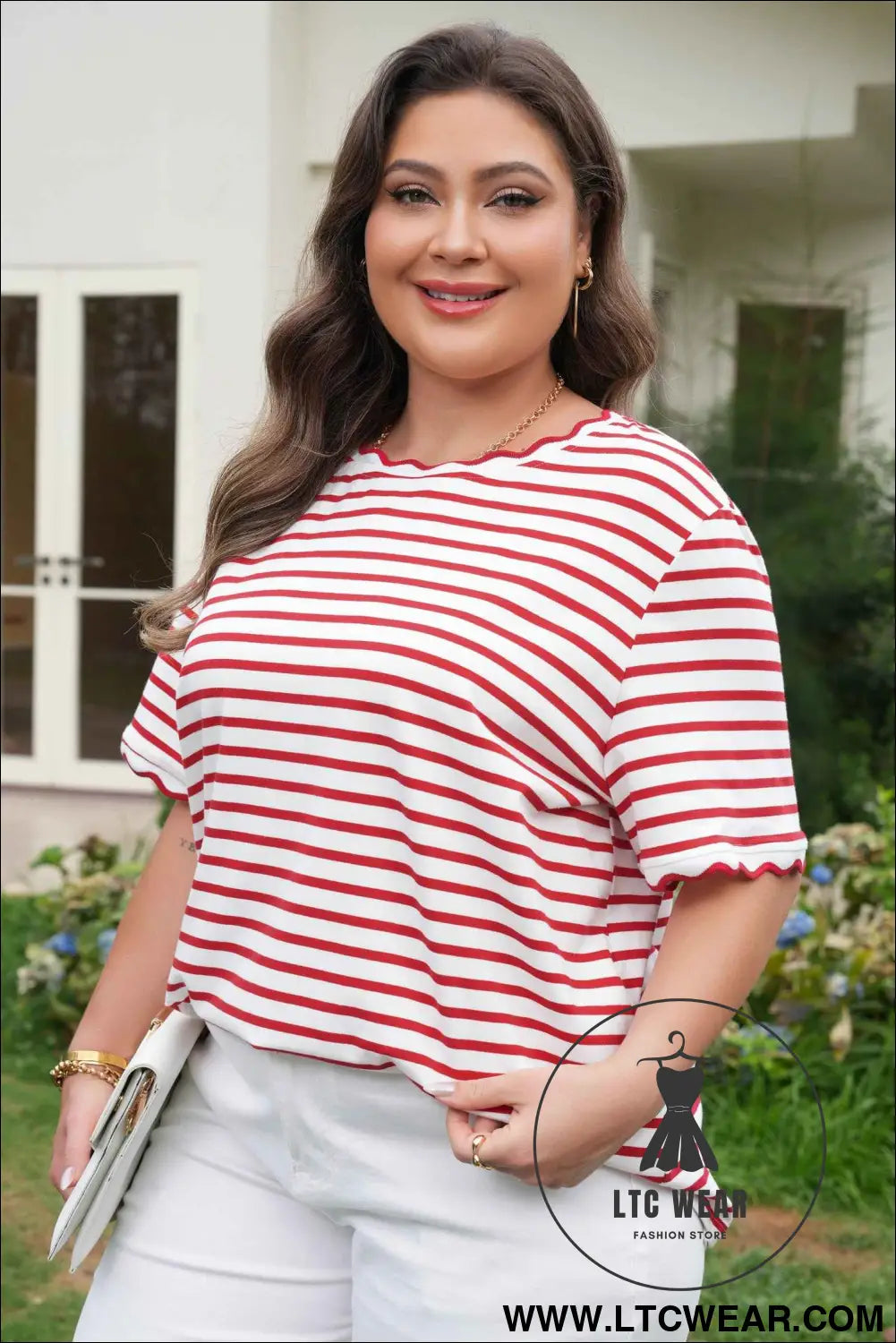 Red Stripe Plus Size Scalloped Trim Round Neck Short Sleeve Top