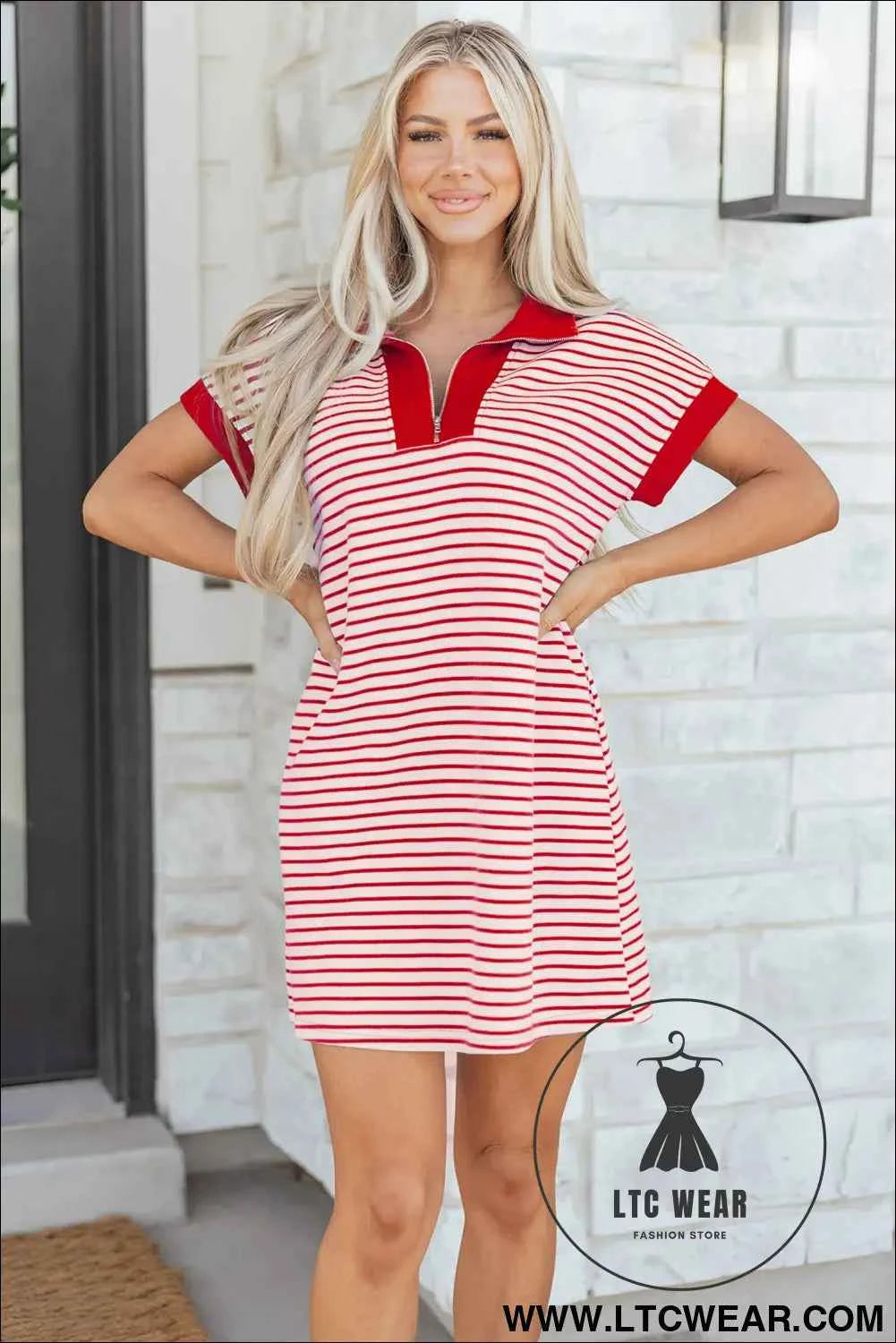 Red Stripe Quarter Zip Polo Collar T Shirt Dress with Pockets