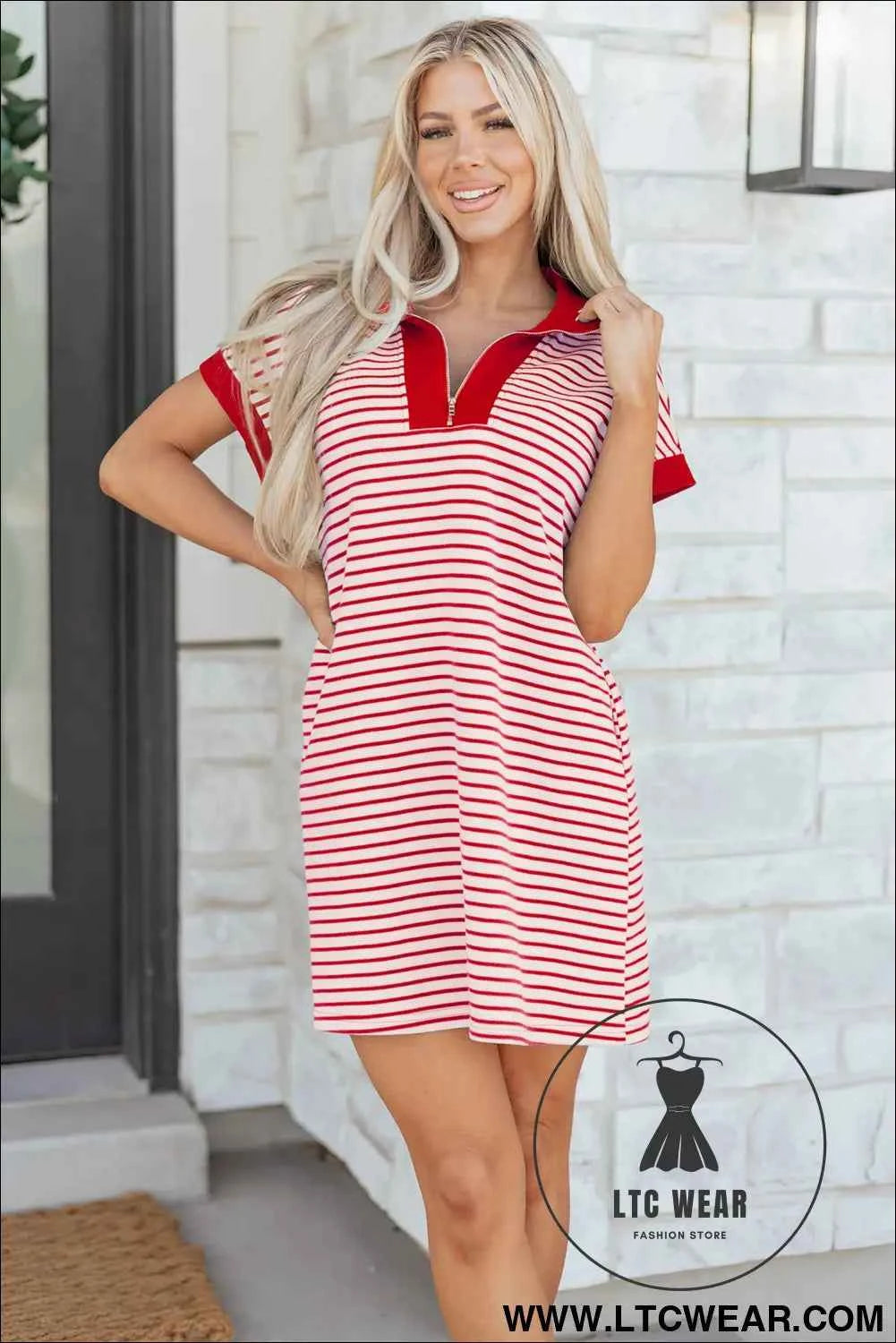 Red Stripe Quarter Zip Polo Collar T Shirt Dress with Pockets