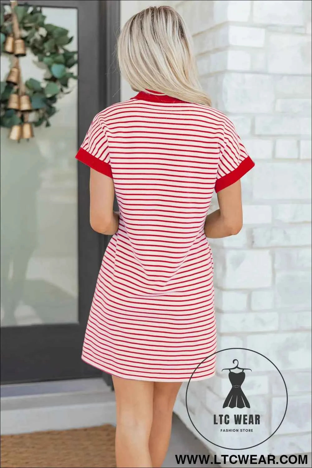 Red Stripe Quarter Zip Polo Collar T Shirt Dress with Pockets