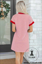 Red Stripe Quarter Zip Polo Collar T Shirt Dress with Pockets