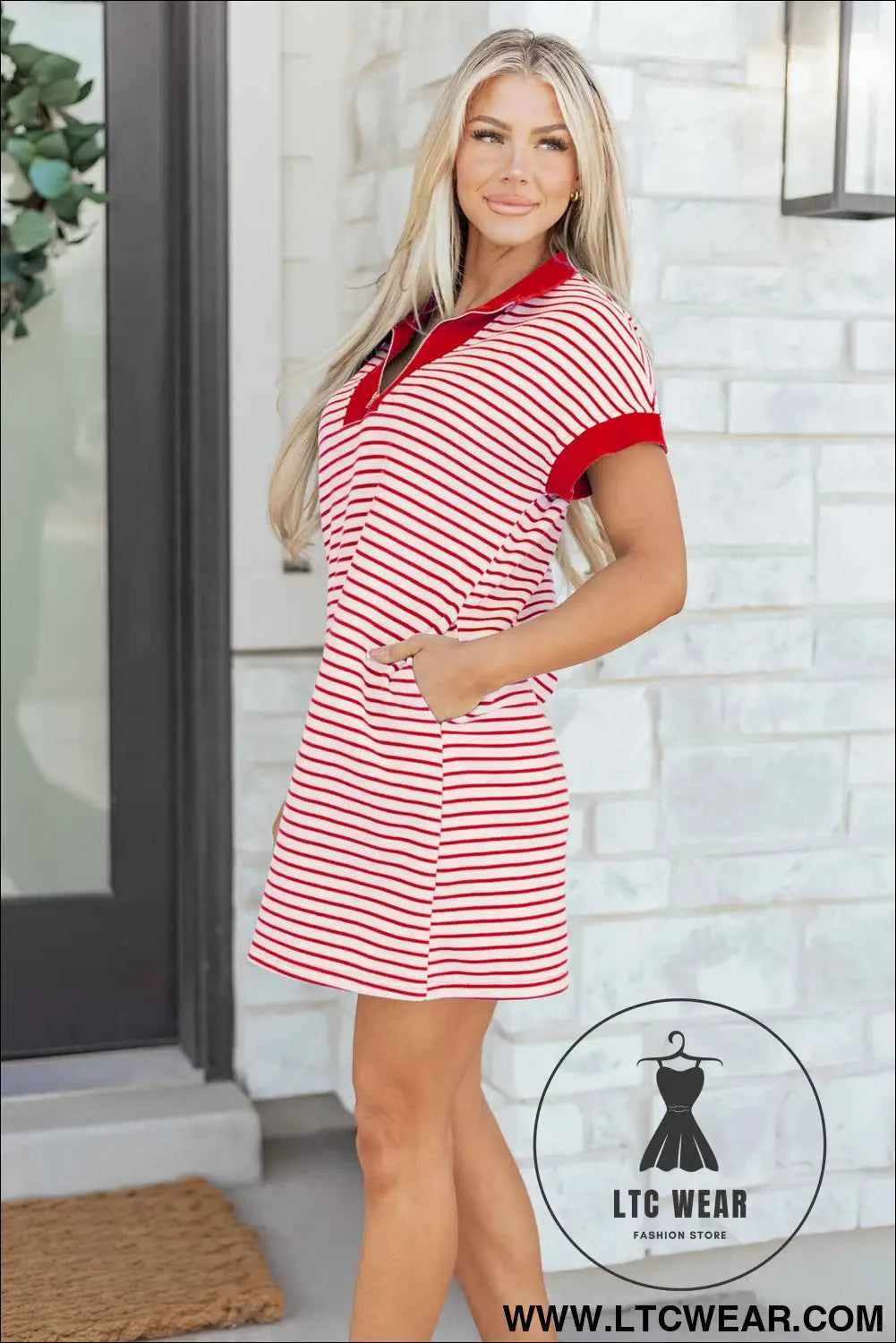 Red Stripe Quarter Zip Polo Collar T Shirt Dress with Pockets