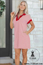 Red Stripe Quarter Zip Polo Collar T Shirt Dress with Pockets