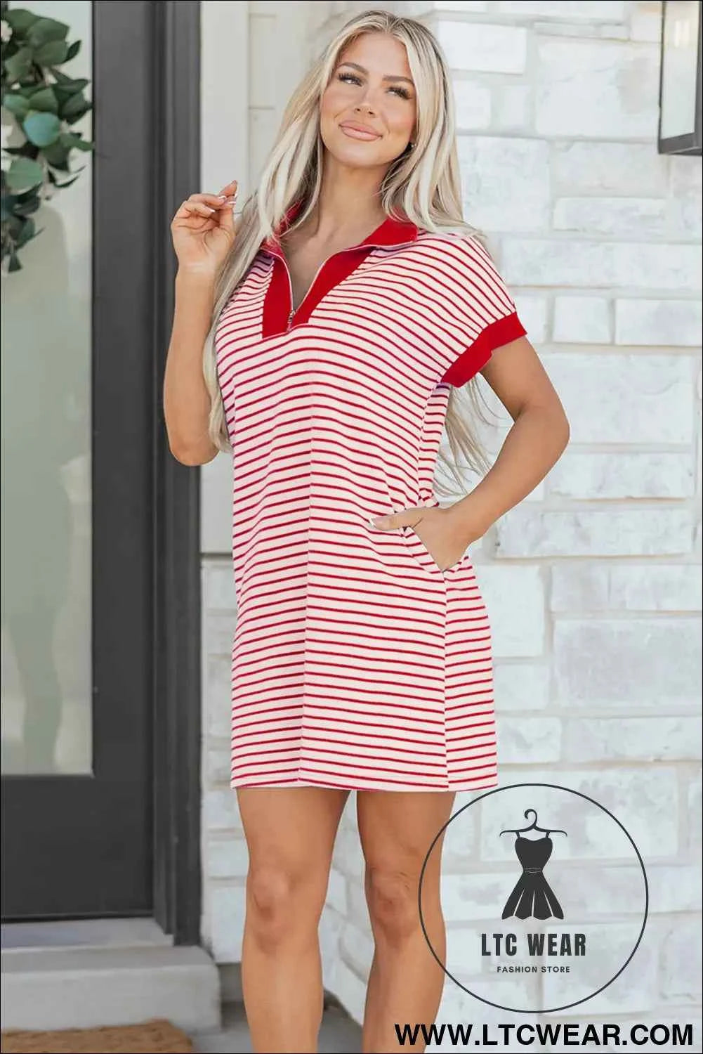 Red Stripe Quarter Zip Polo Collar T Shirt Dress with Pockets