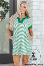 Red Stripe Quarter Zip Polo Collar T Shirt Dress with Pockets