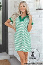 Red Stripe Quarter Zip Polo Collar T Shirt Dress with Pockets