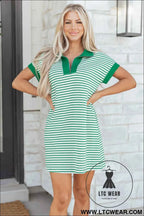 Red Stripe Quarter Zip Polo Collar T Shirt Dress with Pockets