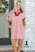 Red Stripe Quarter Zip Polo Collar T Shirt Dress with Pockets