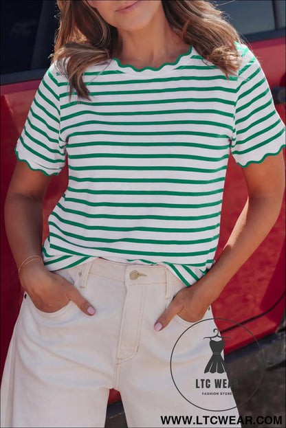 Red Stripe Scalloped Trim Round Neck T Shirt - L.T.C Wear Online Fashion Store