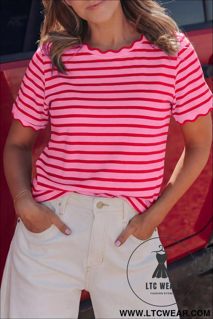 Red Stripe Scalloped Trim Round Neck T Shirt - L.T.C Wear Online Fashion Store