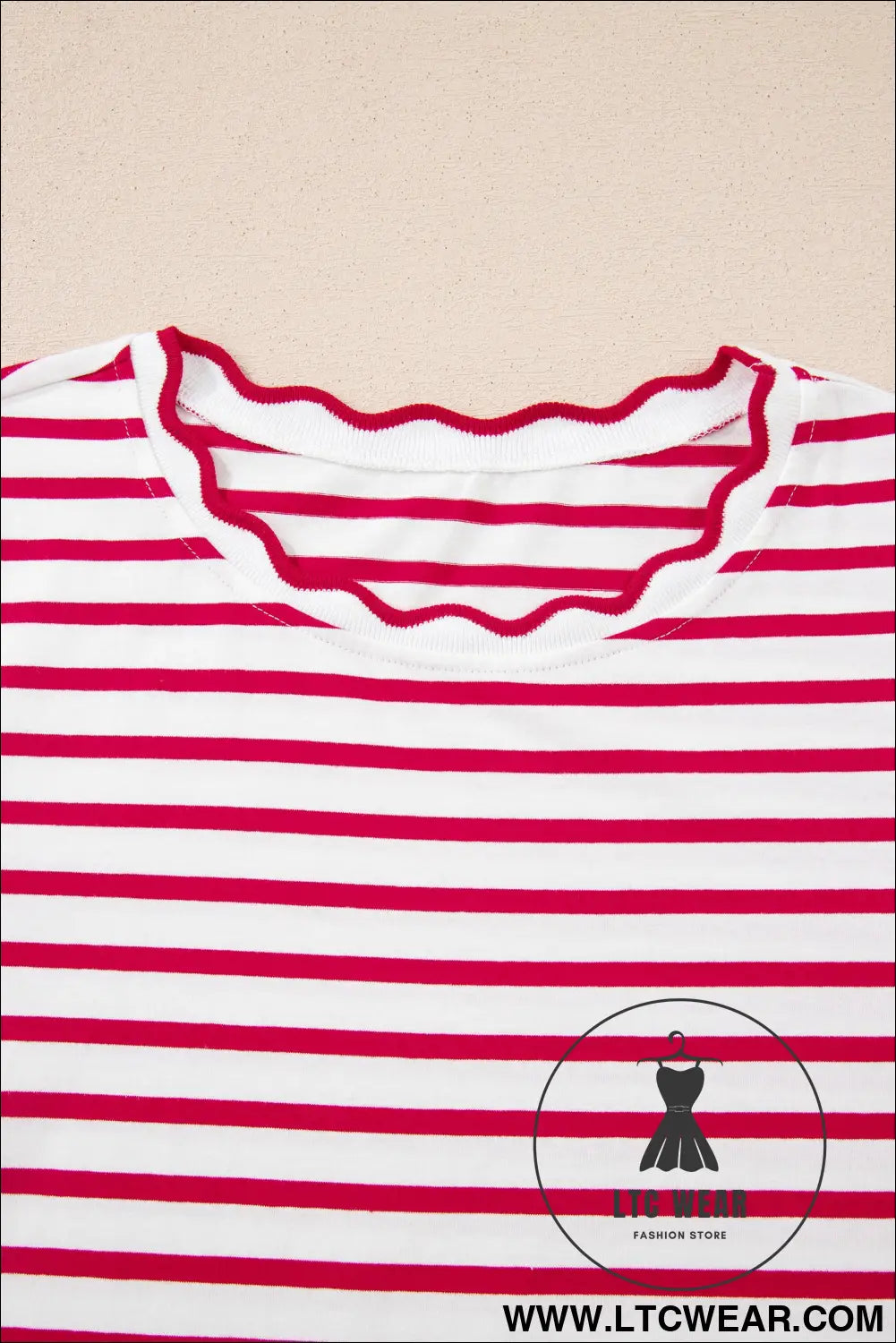 Red Stripe Scalloped Trim Round Neck T Shirt - L.T.C Wear Online Fashion Store