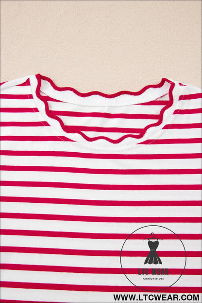 Red Stripe Scalloped Trim Round Neck T Shirt - L.T.C Wear Online Fashion Store