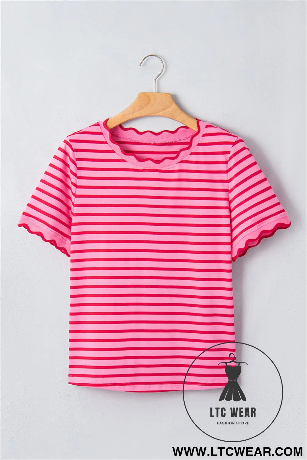 Red Stripe Scalloped Trim Round Neck T Shirt - L.T.C Wear Online Fashion Store