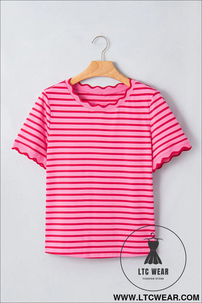 Red Stripe Scalloped Trim Round Neck T Shirt - L.T.C Wear Online Fashion Store