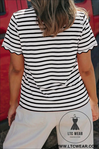 Red Stripe Scalloped Trim Round Neck T Shirt - L.T.C Wear Online Fashion Store