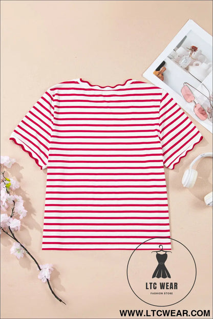 Red Stripe Scalloped Trim Round Neck T Shirt - L.T.C Wear Online Fashion Store
