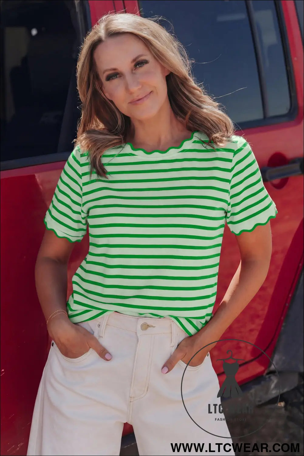 Red Stripe Scalloped Trim Round Neck T Shirt - L.T.C Wear Online Fashion Store