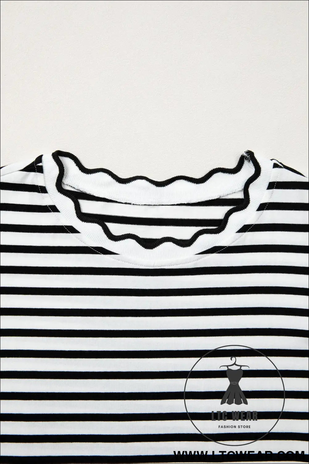 Red Stripe Scalloped Trim Round Neck T Shirt - L.T.C Wear Online Fashion Store