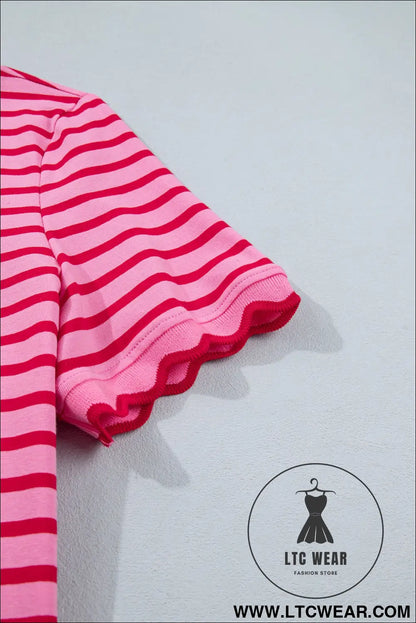 Red Stripe Scalloped Trim Round Neck T Shirt - L.T.C Wear Online Fashion Store