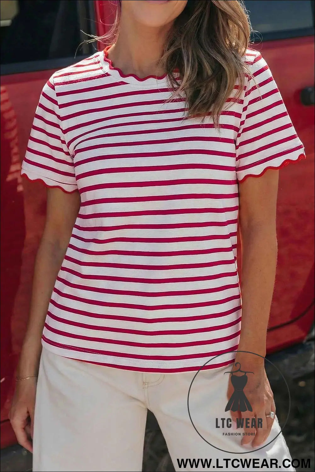 Red Stripe Scalloped Trim Round Neck T Shirt