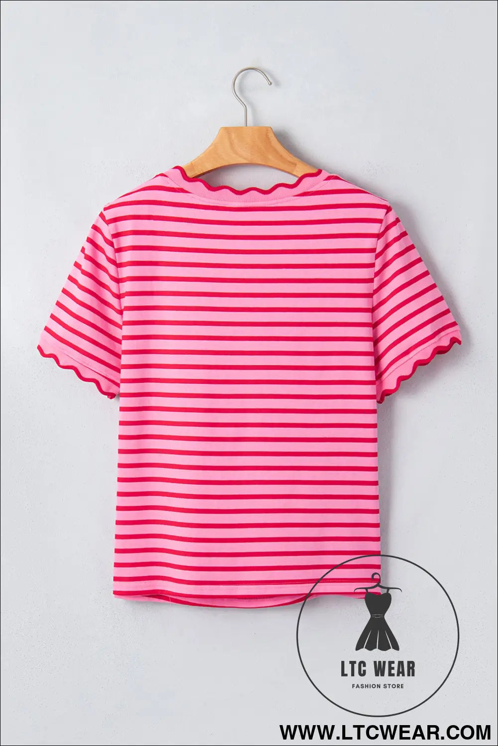 Red Stripe Scalloped Trim Round Neck T Shirt - L.T.C Wear Online Fashion Store