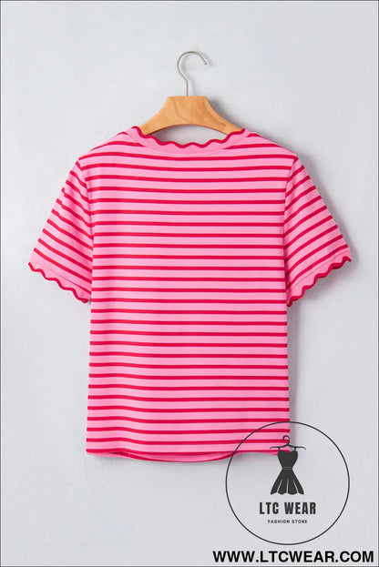 Red Stripe Scalloped Trim Round Neck T Shirt - L.T.C Wear Online Fashion Store