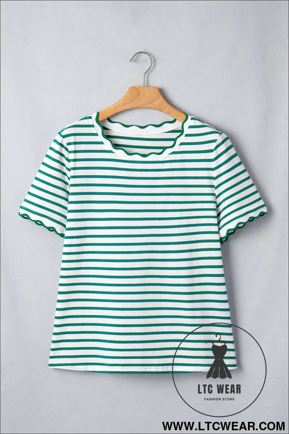 Red Stripe Scalloped Trim Round Neck T Shirt - L.T.C Wear Online Fashion Store