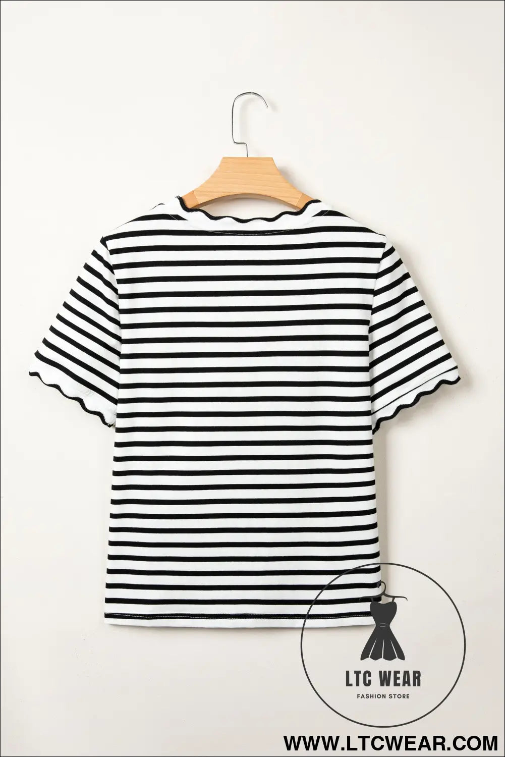 Red Stripe Scalloped Trim Round Neck T Shirt - L.T.C Wear Online Fashion Store