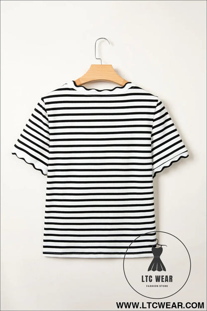 Red Stripe Scalloped Trim Round Neck T Shirt - L.T.C Wear Online Fashion Store
