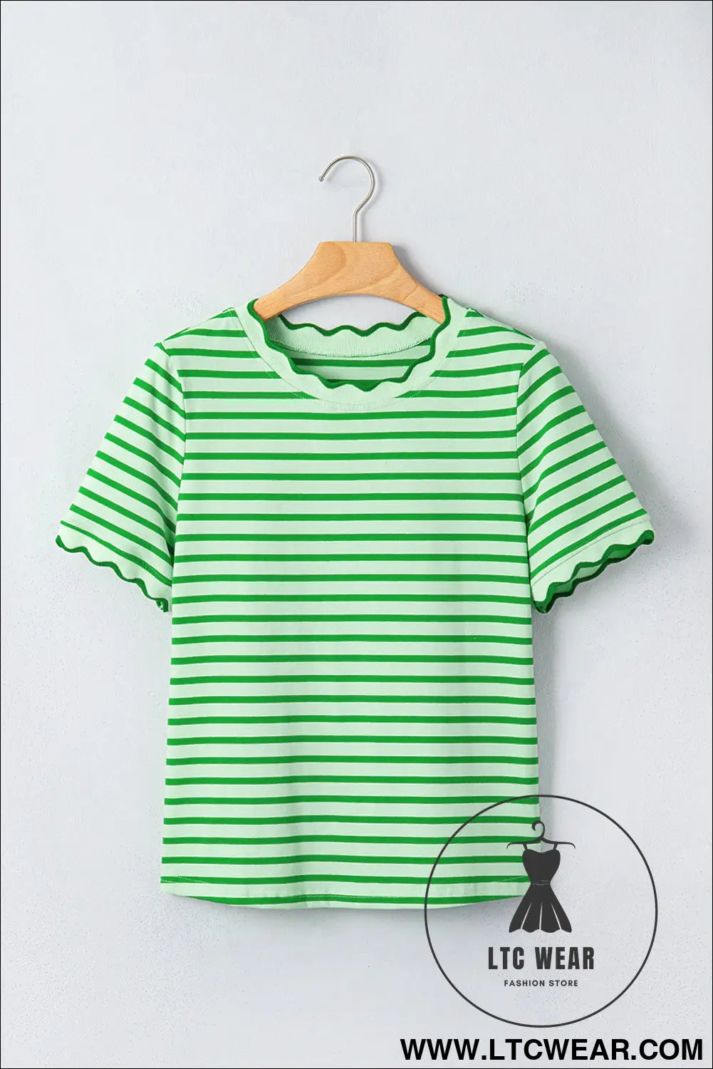 Red Stripe Scalloped Trim Round Neck T Shirt - L.T.C Wear Online Fashion Store