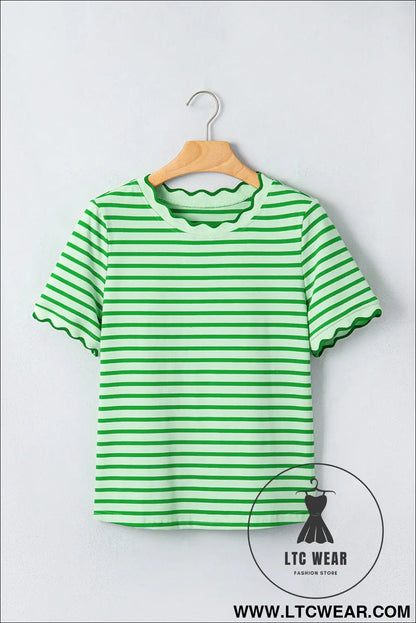 Red Stripe Scalloped Trim Round Neck T Shirt - L.T.C Wear Online Fashion Store