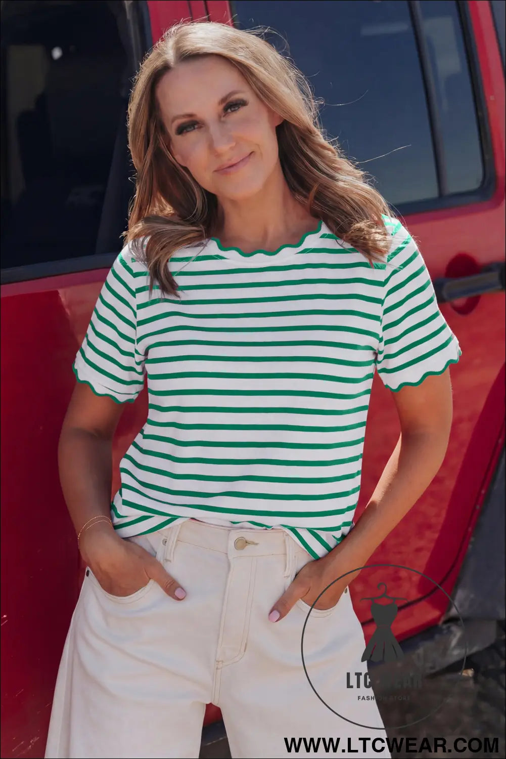 Red Stripe Scalloped Trim Round Neck T Shirt - L.T.C Wear Online Fashion Store