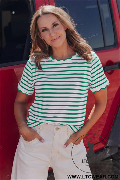 Red Stripe Scalloped Trim Round Neck T Shirt - L.T.C Wear Online Fashion Store