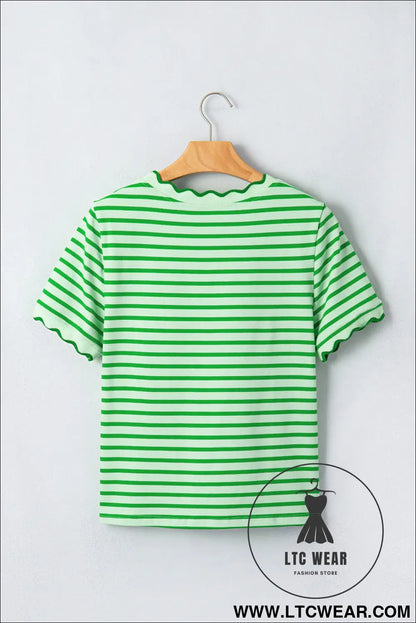 Red Stripe Scalloped Trim Round Neck T Shirt - L.T.C Wear Online Fashion Store