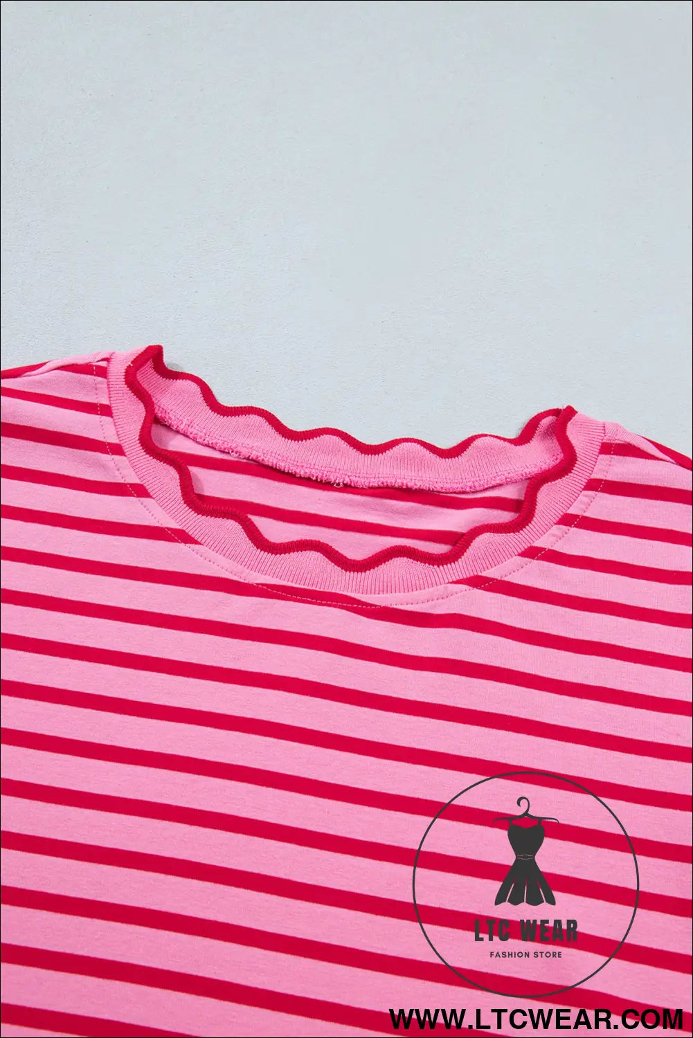 Red Stripe Scalloped Trim Round Neck T Shirt - L.T.C Wear Online Fashion Store