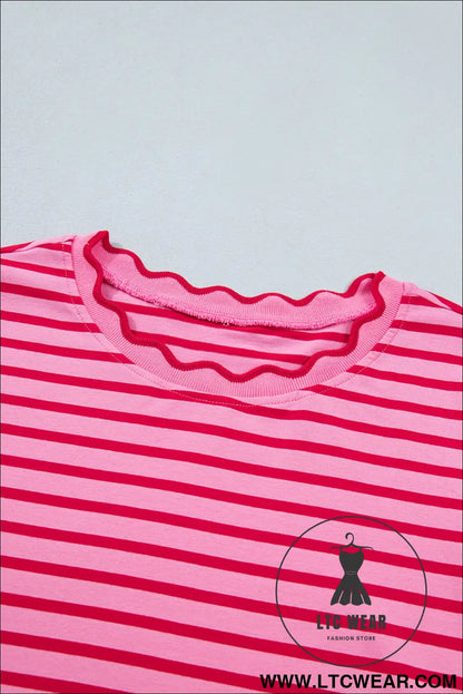 Red Stripe Scalloped Trim Round Neck T Shirt - L.T.C Wear Online Fashion Store