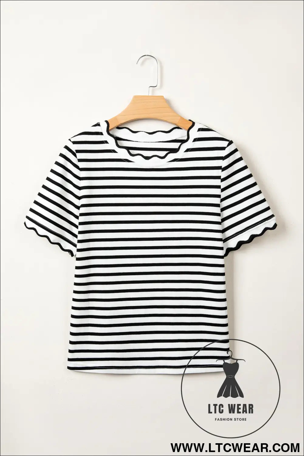 Red Stripe Scalloped Trim Round Neck T Shirt - L.T.C Wear Online Fashion Store