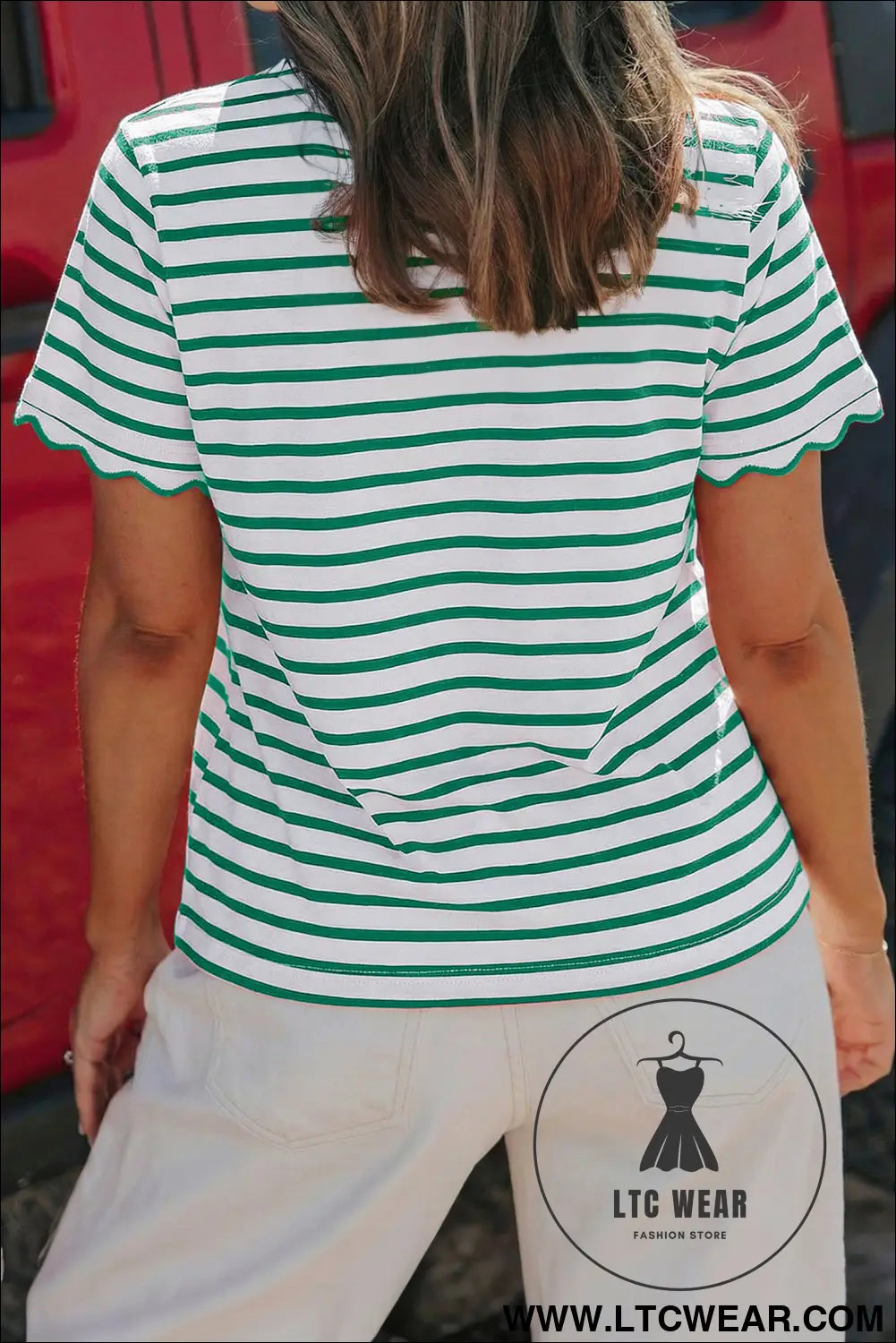 Red Stripe Scalloped Trim Round Neck T Shirt - L.T.C Wear Online Fashion Store