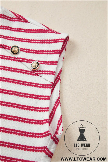 Red stripe textured knit button detail short sleeve casual tee - tops & tees
