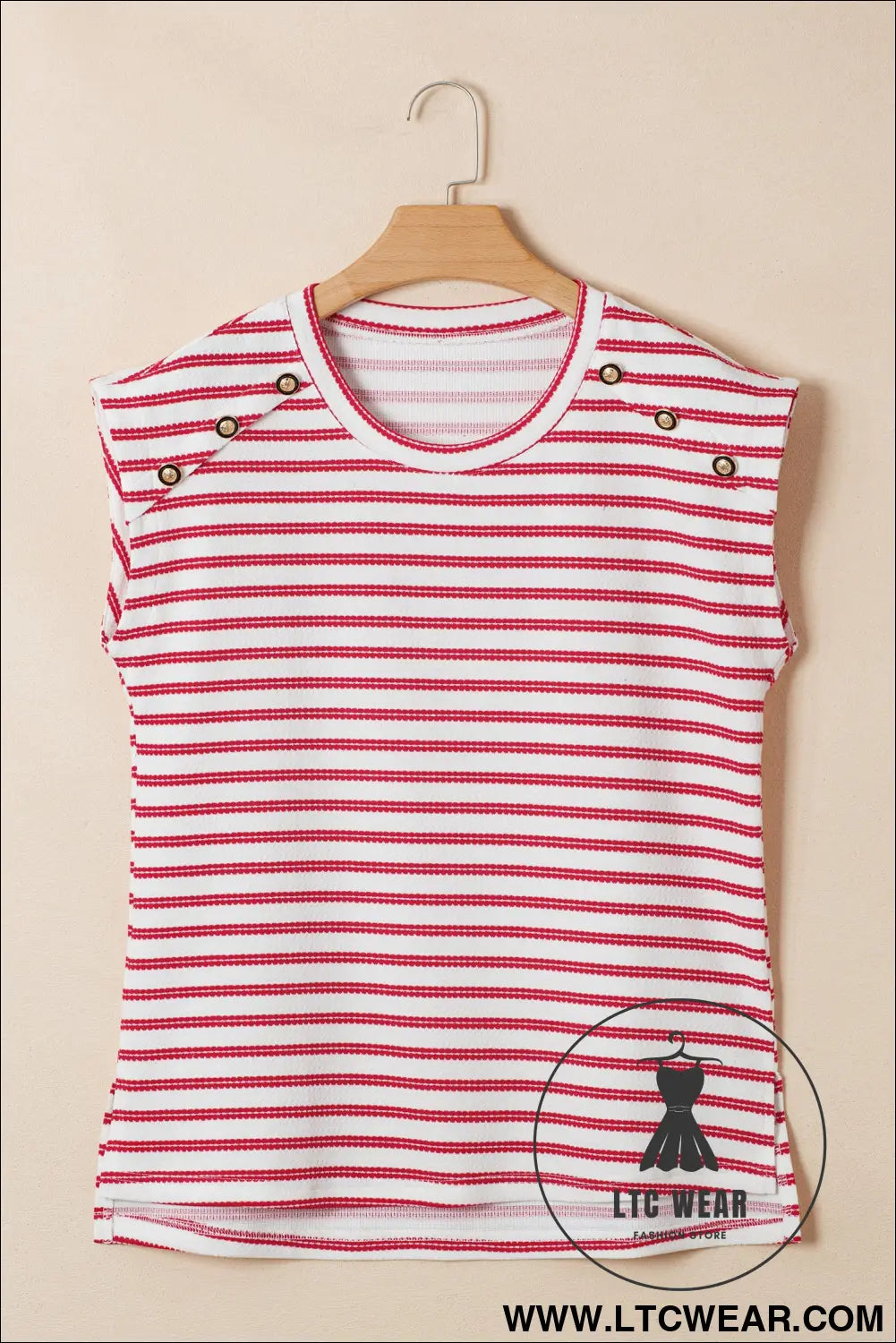 Red stripe textured knit button detail short sleeve casual tee - tops & tees